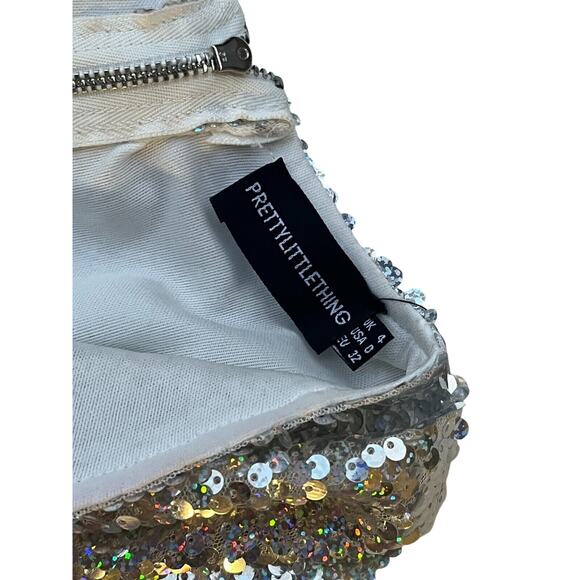 PrettyLittleThing Sequin Bodycon Mini Going Out Dress XS Futuristic Club Silver - Picture 8 of 10